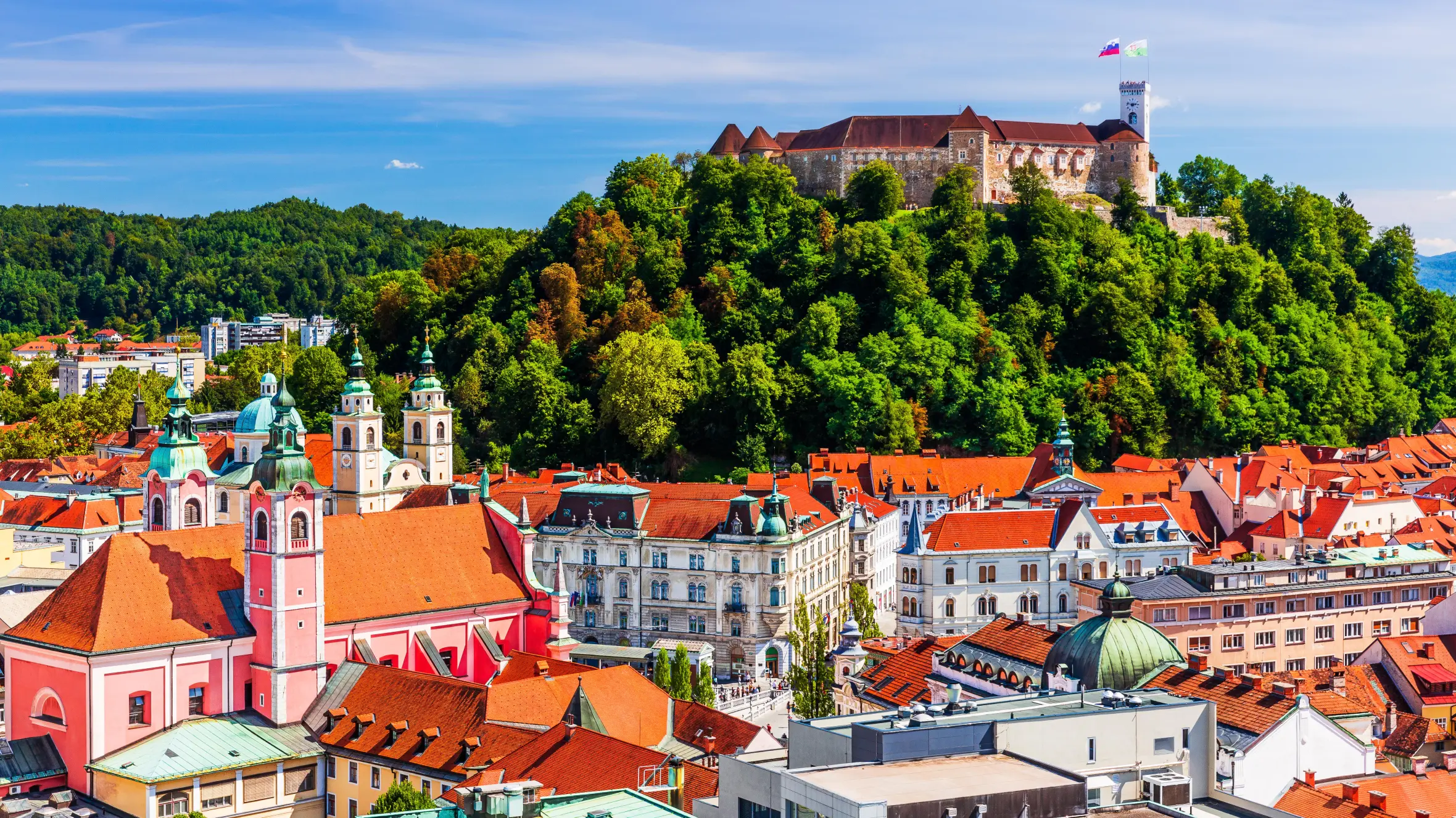 Ljubljana Slovenia city skyline with castle and historic buildings
